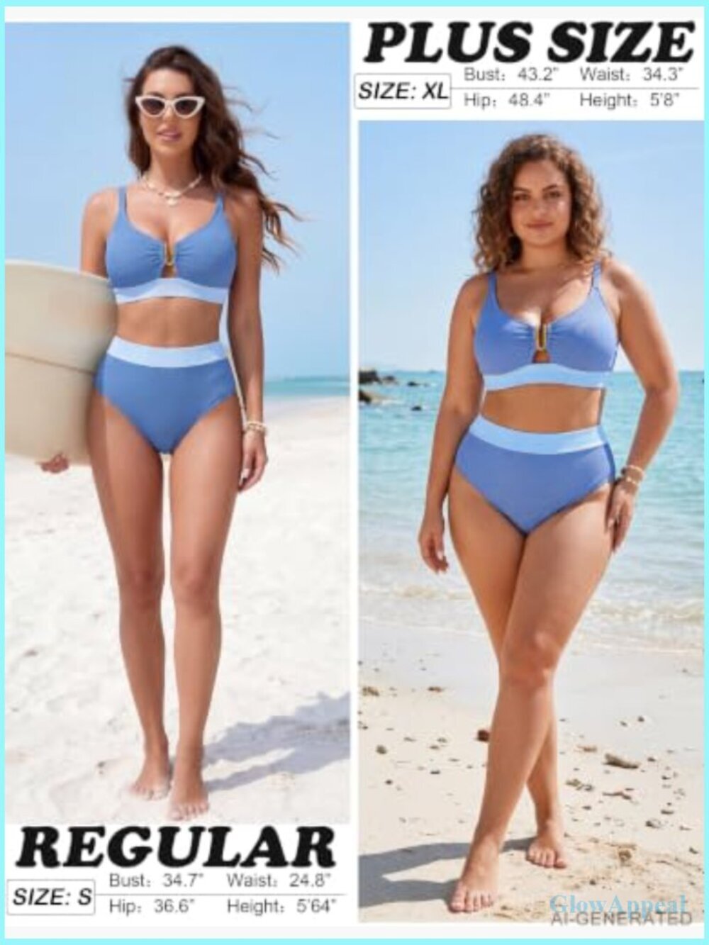 High Waisted Ribbed Bikini Set V Neck Cutout Lace Up Back Tankini Two Piece - Picture 5 of 7